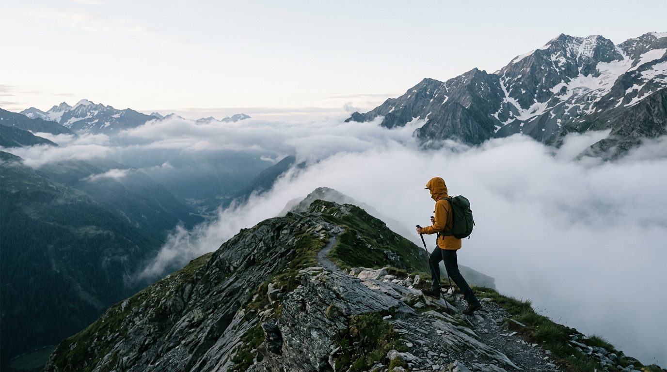 Wanderer in ockerfarbener Jacke auf einem Bergkamm über einem Wolkenmeer im Morgenlicht